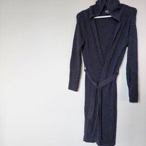 Long Sweater Cardigan Hoodie Open Tie Belt Wrap Grey Knit, Size S
